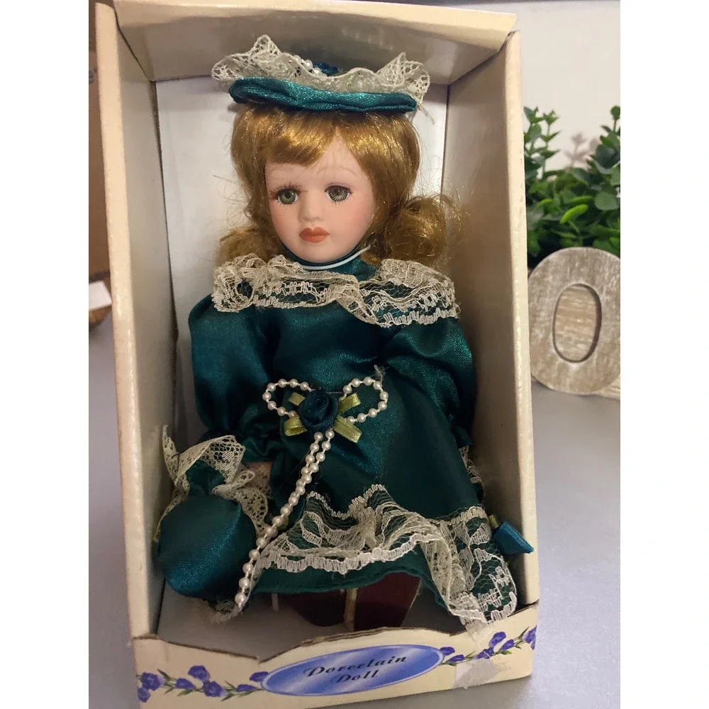 Genuine Hand Painted Porcelain Doll Teal Dress White Lace Trim Collector  426171